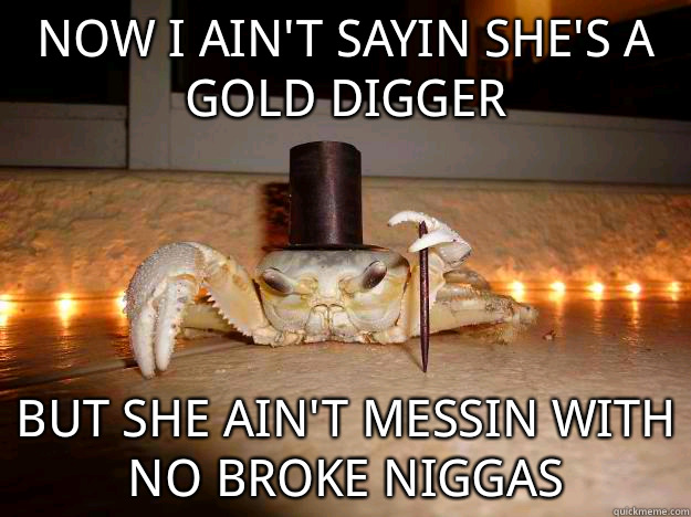 now I ain't sayin she's a gold digger but she ain't messin with no broke niggas - now I ain't sayin she's a gold digger but she ain't messin with no broke niggas  Fancy Crab