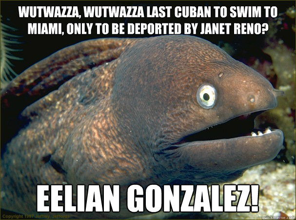 wutwazza, wutwazza last Cuban to swim to Miami, only to be deported by Janet Reno? EELIAN GONZALEZ!  Bad Joke Eel