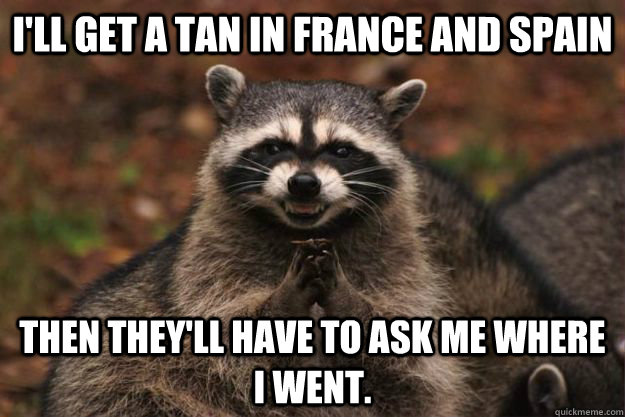 I'll get a tan in France and Spain Then they'll have to ask me where I went. - I'll get a tan in France and Spain Then they'll have to ask me where I went.  Evil Plotting Raccoon