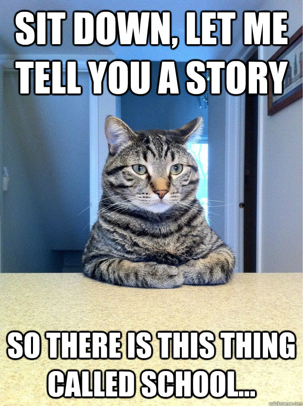 Sit down, let me tell you a story So there is this thing called school...   Chris Hansen Cat