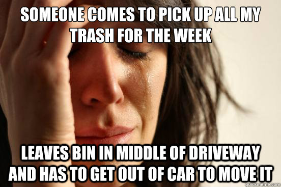 Someone comes to pick up all my trash for the week Leaves bin in middle of driveway and has to get out of car to move it  First World Problems