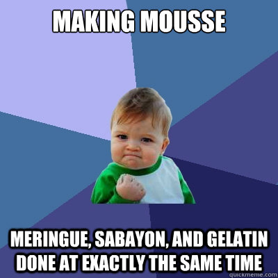 Making mousse meringue, sabayon, and gelatin done at exactly the same time  Success Kid