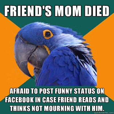 friend's mom died afraid to post funny status on facebook in case friend reads and thinks not mourning with him. - friend's mom died afraid to post funny status on facebook in case friend reads and thinks not mourning with him.  Paranoid Parrot