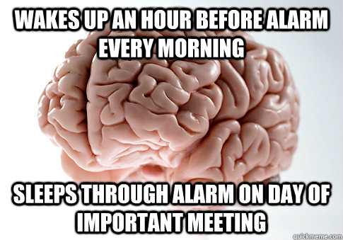 Wakes up an hour before alarm every morning Sleeps through alarm on day of important meeting  Scumbag Brain