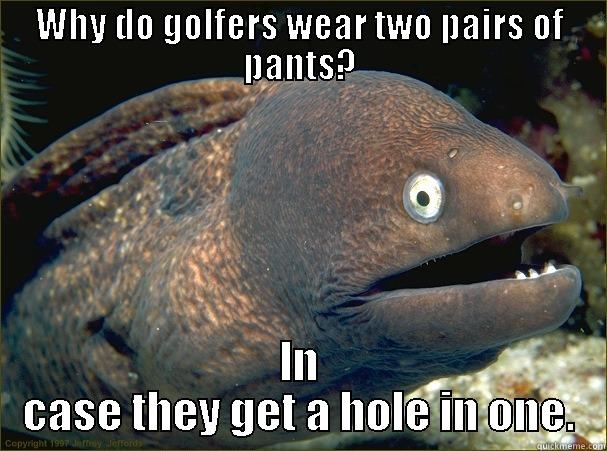 Golf joke - WHY DO GOLFERS WEAR TWO PAIRS OF PANTS? IN CASE THEY GET A HOLE IN ONE. Bad Joke Eel