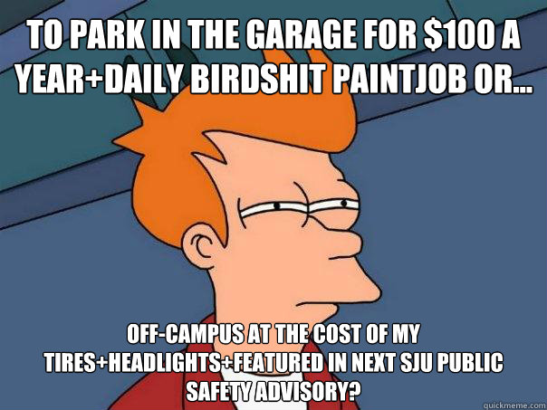 To park in the garage for $100 a year+daily birdshit paintjob or... off-campus at the cost of my tires+headlights+featured in next SJU public safety advisory?  Futurama Fry