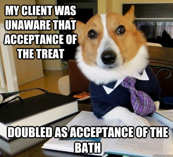 My client was unaware that acceptance of the treat Doubled as acceptance of the bath  Lawyer Dog