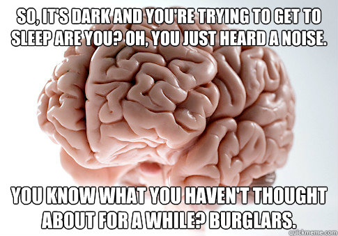 So, it's dark and you're trying to get to sleep are you? Oh, you just heard a noise. You know what you haven't thought about for a while? Burglars.  Scumbag Brain