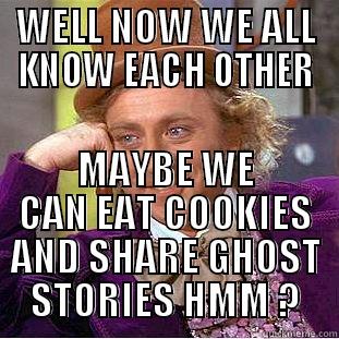 WELL NOW WE ALL KNOW EACH OTHER MAYBE WE CAN EAT COOKIES AND SHARE GHOST STORIES HMM ? Condescending Wonka