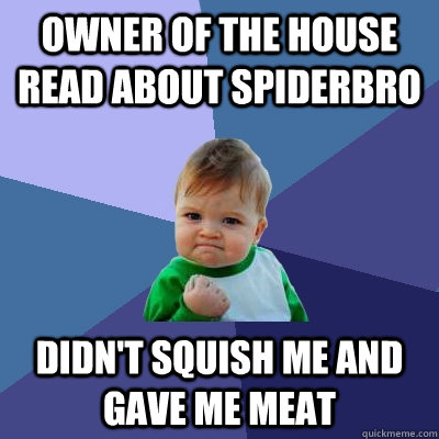 Owner of the house read about Spiderbro Didn't squish me and gave me meat  Success Kid