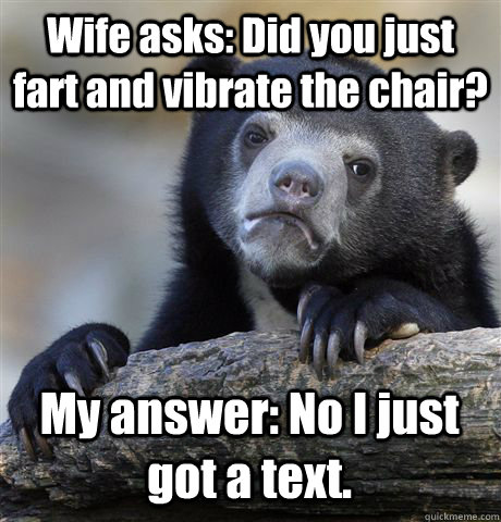 Wife asks: Did you just fart and vibrate the chair? My answer: No I just got a text.  Confession Bear