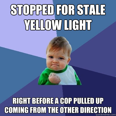 STOPPED FOR STALE YELLOW LIGHT RIGHT BEFORE A COP PULLED UP COMING FROM THE OTHER DIRECTION  Success Kid