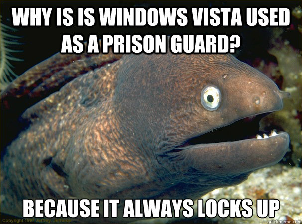 why is is windows vista used as a prison guard?  because it always locks up - why is is windows vista used as a prison guard?  because it always locks up  Bad Joke Eel