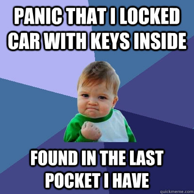 Panic that I locked car with keys inside Found in the last pocket I have  Success Kid