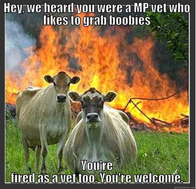 We heard you were a vet.. - HEY, WE HEARD YOU WERE A MP VET WHO LIKES TO GRAB BOOBIES YOU'RE FIRED AS A VET TOO. YOU'RE WELCOME. Evil cows