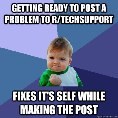 Getting ready to post a problem to r/techsupport Fixes it's self while making the post  Success Kid