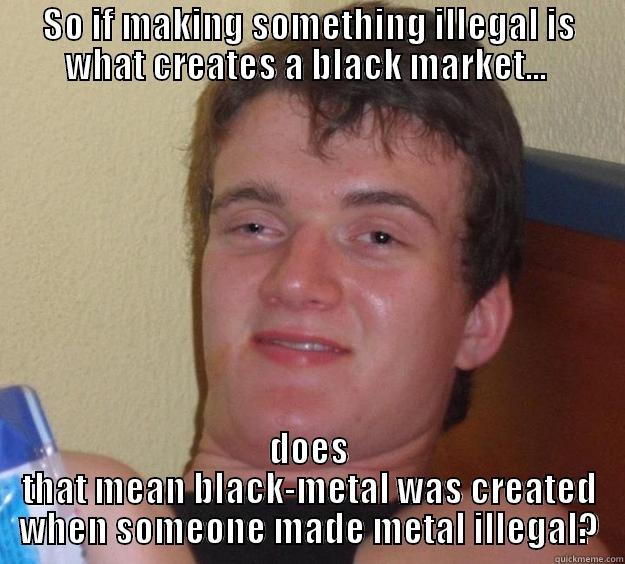 SO IF MAKING SOMETHING ILLEGAL IS WHAT CREATES A BLACK MARKET...  DOES THAT MEAN BLACK-METAL WAS CREATED WHEN SOMEONE MADE METAL ILLEGAL? 10 Guy