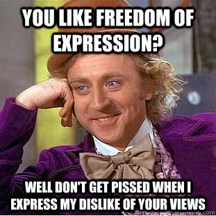 You like freedom of expression? Well don't get pissed when I express my dislike of your views - You like freedom of expression? Well don't get pissed when I express my dislike of your views  Condescending Wonka