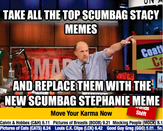 Take all the top Scumbag Stacy Memes and replace them with the new scumbag stephanie meme  Mad Karma with Jim Cramer