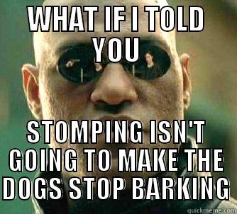 WHAT IF I TOLD YOU STOMPING ISN'T GOING TO MAKE THE DOGS STOP BARKING Matrix Morpheus