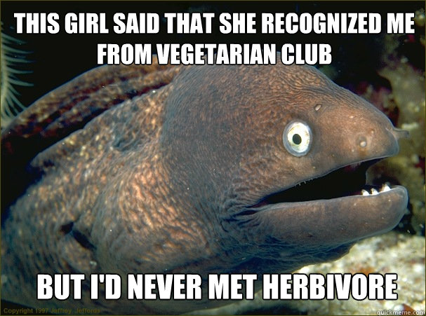 this girl said that she recognized me from Vegetarian CLub but i'd never met herbivore  Bad Joke Eel