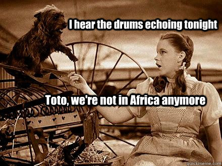 I hear the drums echoing tonight Toto, we're not in Africa anymore - I hear the drums echoing tonight Toto, we're not in Africa anymore  Disappointed Toto