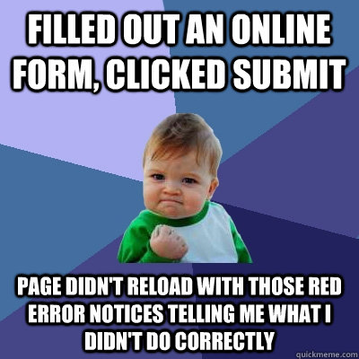 Filled out an online form, Clicked submit page didn't reload with those red error notices telling me what I didn't do correctly - Filled out an online form, Clicked submit page didn't reload with those red error notices telling me what I didn't do correctly  Success Kid