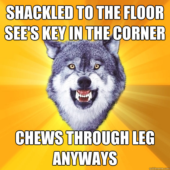 shackled to the floor
see's key in the corner chews through leg anyways - shackled to the floor
see's key in the corner chews through leg anyways  Courage Wolf