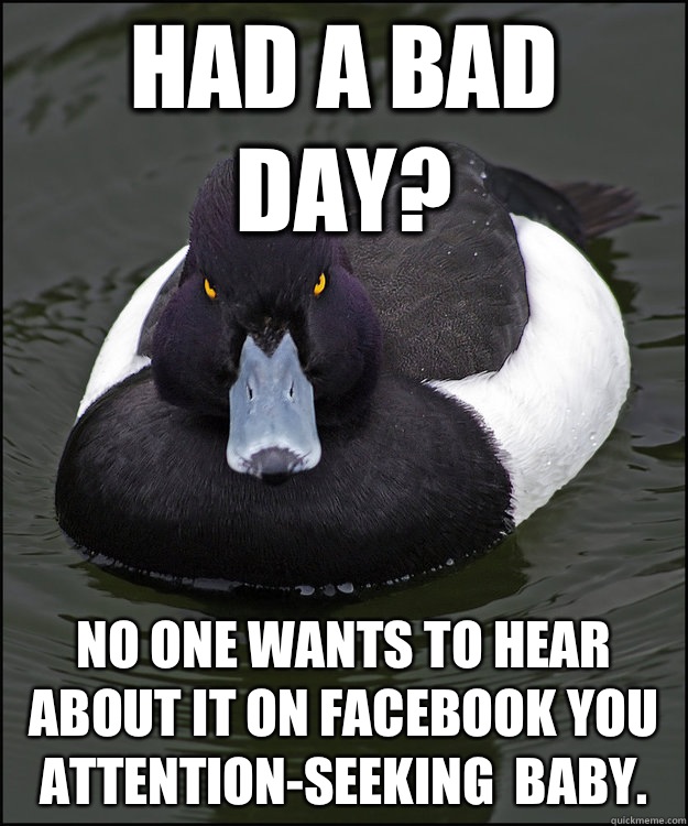 had a bad day? No one wants to hear about it on Facebook you attention-seeking  baby.  - had a bad day? No one wants to hear about it on Facebook you attention-seeking  baby.   Angry Advice Duck