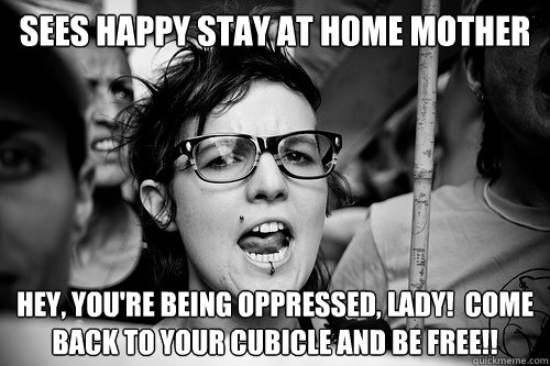 sees happy stay at home mother hey, you're being oppressed, lady!  come back to your cubicle and be free!!  Hypocrite Feminist