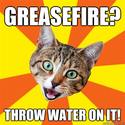 Greasefire? Throw water on it!  Bad Advice Cat