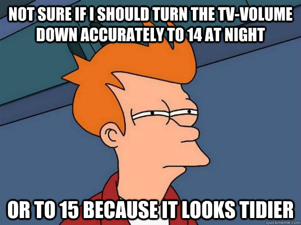 Not sure if I should turn the Tv-volume down accurately to 14 at night or to 15 because it looks tidier - Not sure if I should turn the Tv-volume down accurately to 14 at night or to 15 because it looks tidier  Futurama Fry