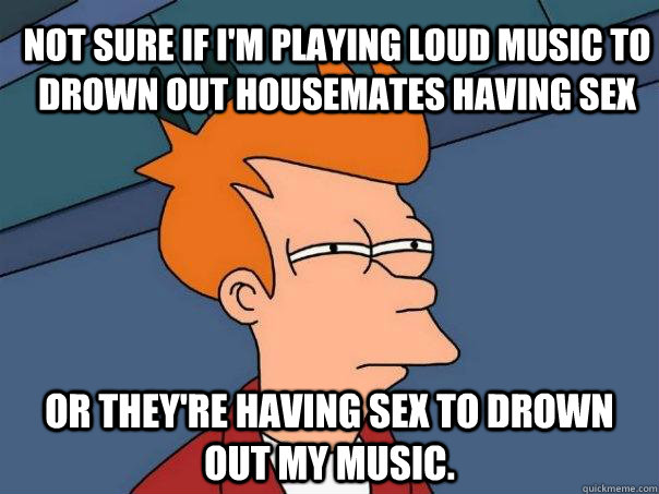 Not sure if I'm playing loud music to drown out housemates having sex Or they're having sex to drown out my music.  Futurama Fry