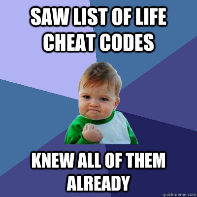 saw list of life cheat codes knew all of them already  Success Kid