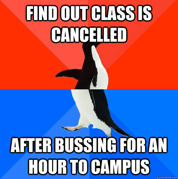 Find out class is cancelled after bussing for an hour to campus - Find out class is cancelled after bussing for an hour to campus  Socially Awesome Awkward Penguin