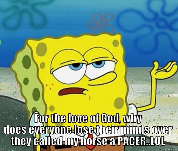 Hi my name is Spongebob -  FOR THE LOVE OF GOD, WHY DOES EVERYONE LOSE THEIR MINDS OVER THEY CALLED MY HORSE A PACER..LOL Tough Spongebob