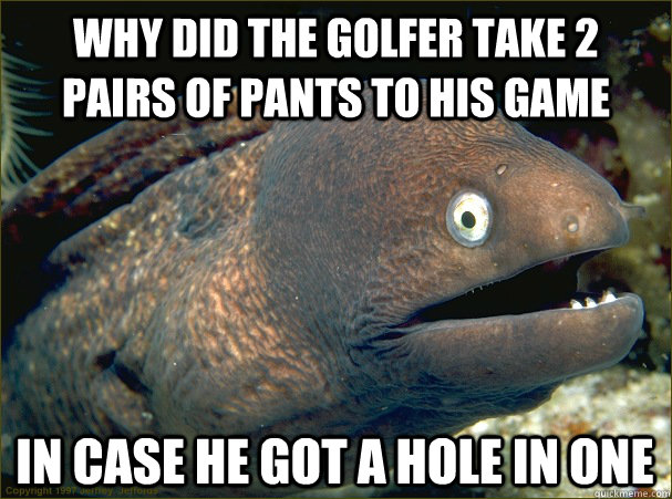 why did the golfer take 2 pairs of pants to his game in case he got a hole in one - why did the golfer take 2 pairs of pants to his game in case he got a hole in one  Bad Joke Eel