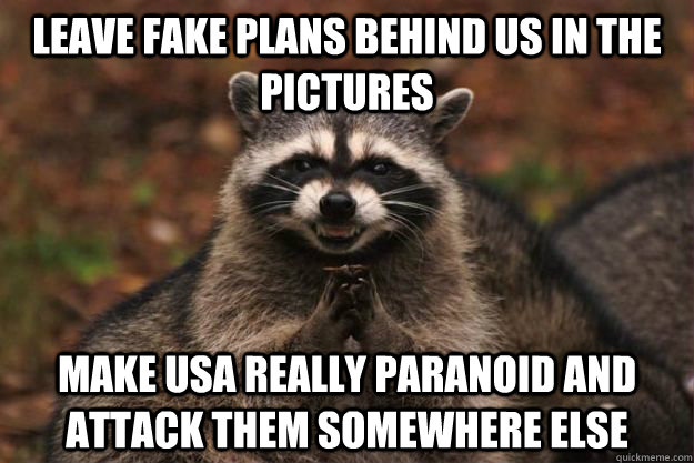 Leave fake plans behind us in the pictures make USA really paranoid and attack them somewhere else  Evil Plotting Raccoon