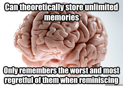 Can theoretically store unlimited memories Only remembers the worst and most regretful of them when reminiscing   - Can theoretically store unlimited memories Only remembers the worst and most regretful of them when reminiscing    Scumbag Brain