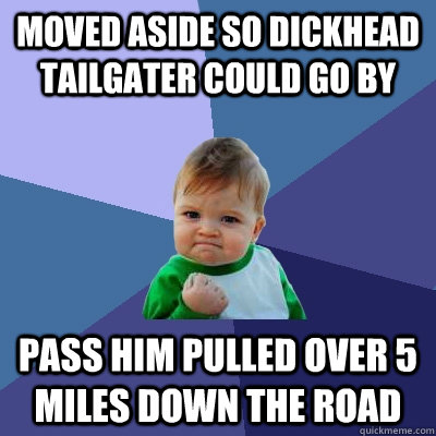 Moved aside so dickhead tailgater could go by pass him pulled over 5 miles down the road  Success Kid