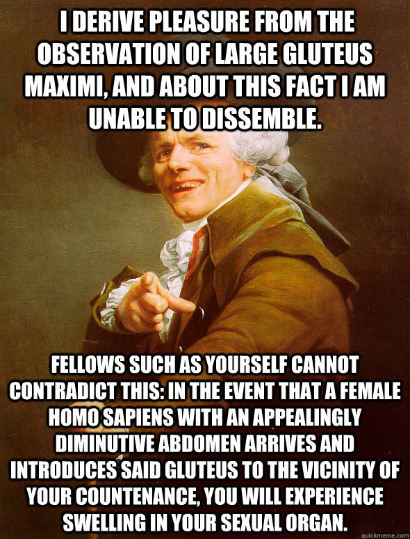  I derive pleasure from the observation of large gluteus maximi, and about this fact I am unable to dissemble. Fellows such as yourself CANNOT contradict this: In the event that a female homo sapiens with an appealingly diminutive abdomen arrives and intr  Joseph Ducreux