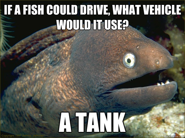 If a fish could drive, what vehicle would it use? A tank  Bad Joke Eel