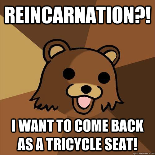 reincarnation?! I want to come back as a tricycle seat!  Pedobear