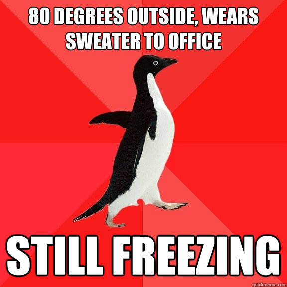 80 degrees Outside, Wears Sweater to Office Still freezing  Socially Awesome Penguin