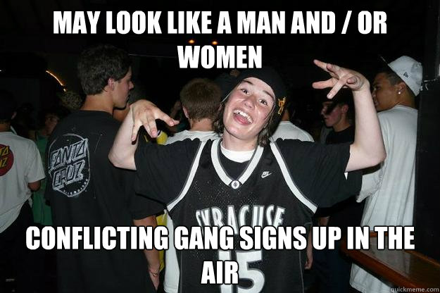 may look like a man and / or women    conflicting gang signs up in the air  