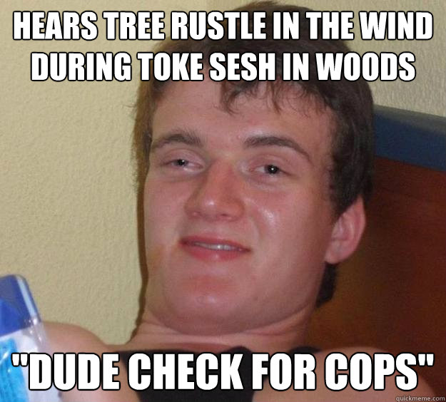 Hears tree rustle in the wind during toke sesh in woods 