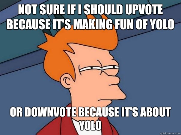 Not sure if I should upvote because it's making fun of Yolo or downvote because it's about Yolo  Futurama Fry