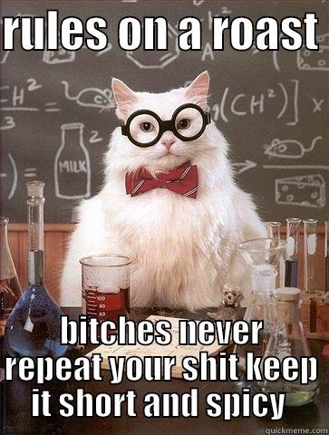 RULES ON A ROAST  BITCHES NEVER REPEAT YOUR SHIT KEEP IT SHORT AND SPICY  Chemistry Cat