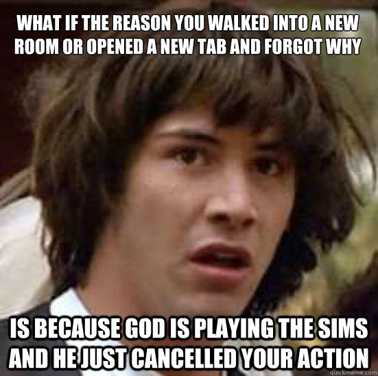 What if the reason you walked into a new room or opened a new tab and forgot why Is because God is playing the Sims and he just cancelled your action  conspiracy keanu