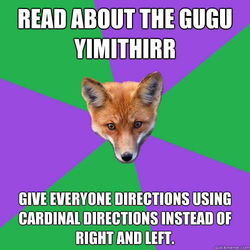 Read about the Gugu Yimithirr give everyone directions using cardinal directions instead of right and left.  Anthropology Major Fox